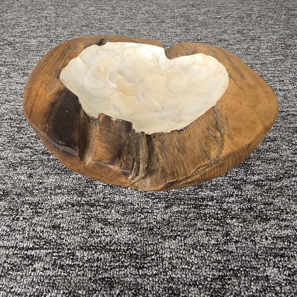 Handcrafted Teak Wood Bowl Mother of Pearl Inlay 12" Decorative Centerpiece Bali